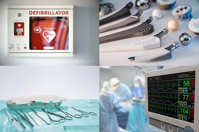 von links oben nach links unten: Defibrillator, Gelenke, Instrumente, Vitaldatenmonitor
