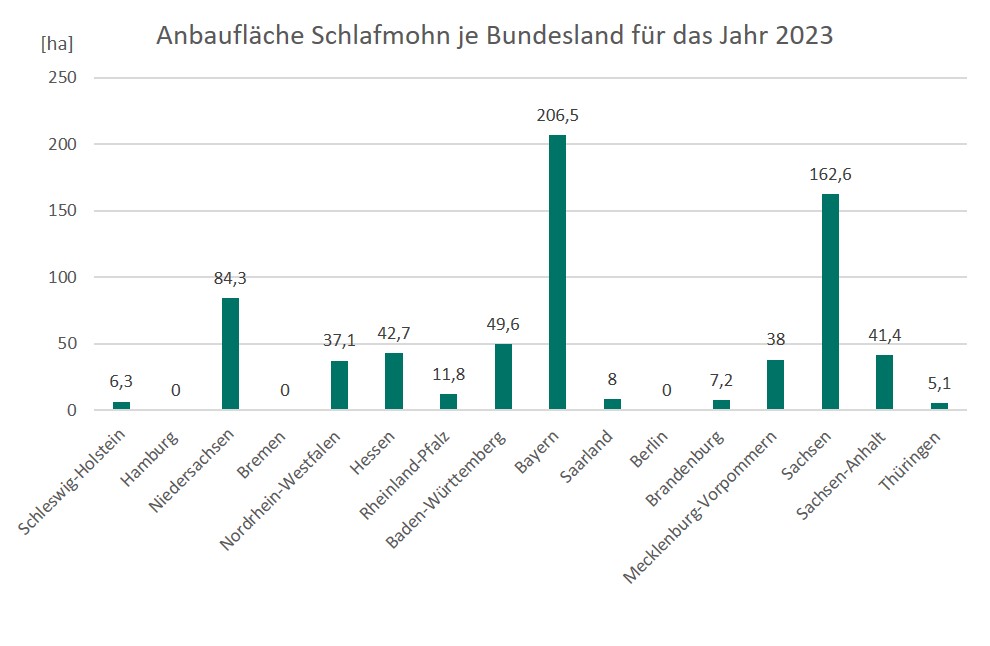 Abb.: Die Anbaufläche von Schlafmohn in Deutschland je Bundesland für das Jahr 2023 in Form eines Diagramms (Quelle: BfArM) Abb.: Die Anbaufläche von Schlafmohn in Deutschland je Bundesland für das Jahr 2023 in Form eines Diagramms