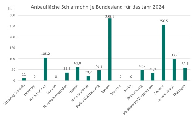 Abb.: Die Anbaufläche von Schlafmohn in Deutschland je Bundesland für das Jahr 2024 in Form eines Diagramms (Quelle: BfArM) Abb.: Die Anbaufläche von Schlafmohn in Deutschland je Bundesland für das Jahr 2024 in Form eines Diagramms