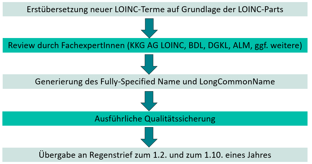 LOINC Übersetzungsprozess beim BfArM in fünf Schritten: 1. Erstübersetzung, 2. Review, 3. Generierung des Fully-Specified Name, 4. Qualitätssicherung, 5. Übergabe an Regenstrief (Quelle: BfArM) LOINC Übersetzungsprozess beim BfArM in fünf Schritten: 1. Erstübersetzung, 2. Review, 3. Generierung des Fully-Specified Name, 4. Qualitätssicherung, 5. Übergabe an Regenstrief