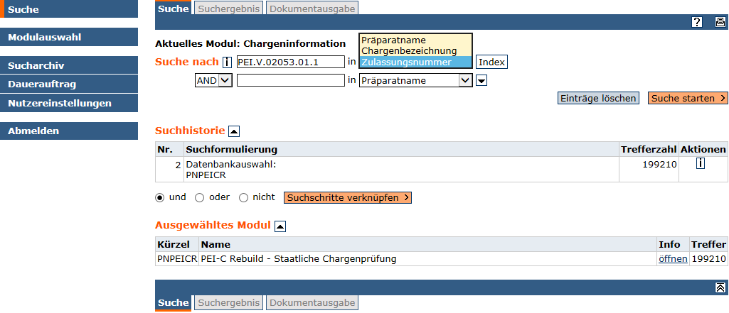 Screenshot AMIce Öffentlicher Teil Modul Chargenprüfung Beispielsuche (Quelle: BfArM) Screenshot AMIce Öffentlicher Teil Modul Chargenprüfung Beispielsuche