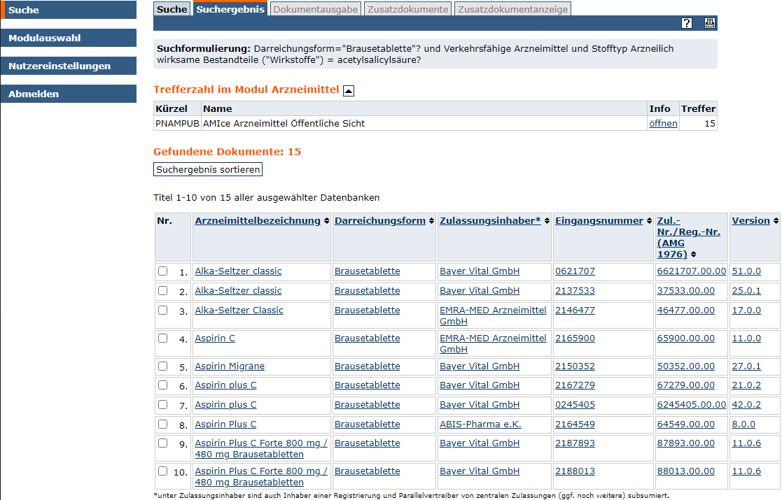 Screenshot AMIce Öffentlicher Teil Modul Arzneimittel Beispielergebnis (Quelle: BfArM) Screenshot AMIce Öffentlicher Teil Modul Arzneimittel Beispielergebnis