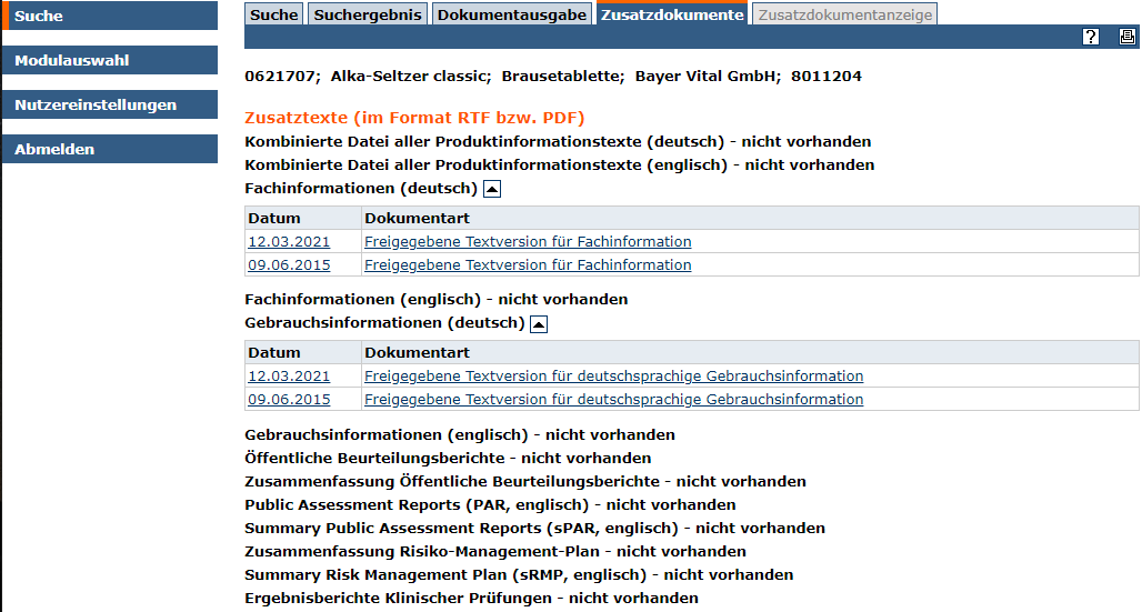 Screenshot AMIce Öffentlicher Teil Modul Arzneimittel Reiter Zusatzdokumente (Quelle: BfArM) Screenshot AMIce Öffentlicher Teil Modul Arzneimittel Reiter Zusatzdokumente