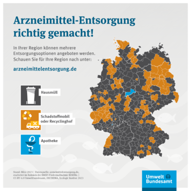 Deutschlandkarte Arzneimittelentsorgung (Quelle: CC-BY 4.0 Umweltbundesamt, DECHEMA, Ecologic Institut 2023) Deutschlandkarte Arzneimittelentsorgung