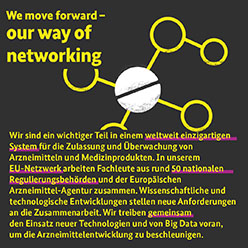 Wir sind ein wichtiger Teil in einem weltweit einzigartigen System für die Zulassung und Überwachung von Arzneimitteln und Medizinprodukten. In unserem EU-Netzwerk arbeiten Fachleute aus rund 50 nationalen Regulierungsbehörden und der EMA zusammen (Source: BfArM) Wir sind ein wichtiger Teil in einem weltweit einzigartigen System für die Zulassung und Überwachung von Arzneimitteln und Medizinprodukten. In unserem EU-Netzwerk arbeiten Fachleute aus rund 50 nationalen Regulierungsbehörden und der EMA zusammen