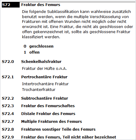 Screenshot: ICD-10-WHO dreistellige Kategorie mit Subklassifikation für die fünfte Stelle
