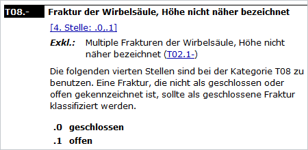 Screenshot: ICD dreistellige Kategorie mit Subklassifikation für die 4. Stelle (Source: BfArM) Screenshot: ICD dreistellige Kategorie mit Subklassifikation für die 4. Stelle
