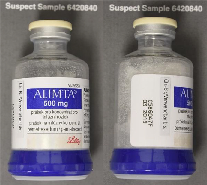 Alimta® suspect sample 6420840 (Quelle: BfArM) Alimta® suspect sample 6420840 (Bild hat eine Langbeschreibung)
