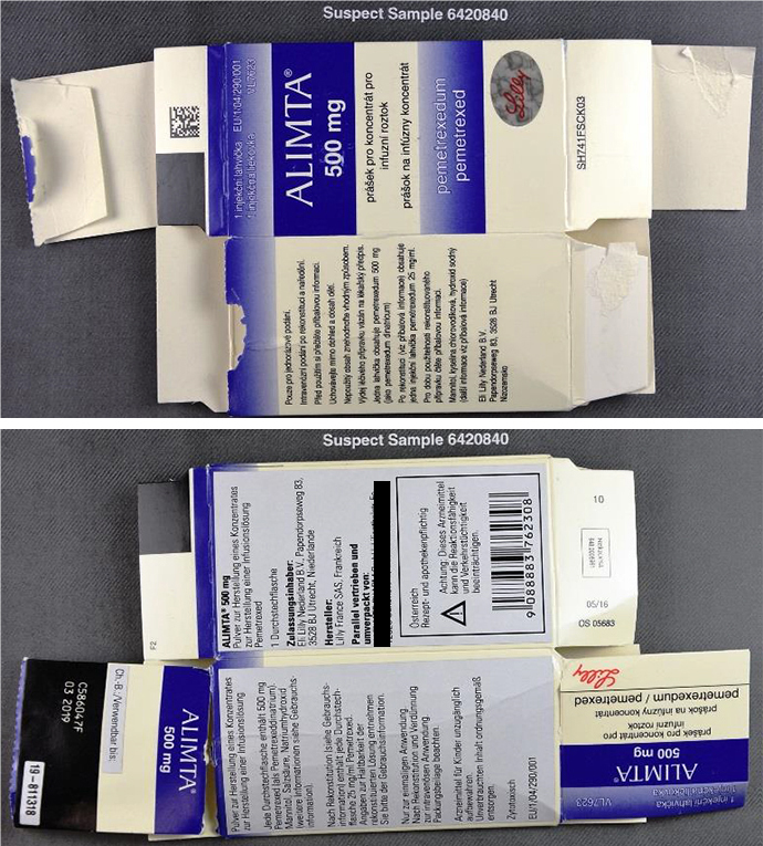 Alimta® Verpackung suspect sample 6420840 (Quelle: BfArM) Alimta® Verpackung suspect sample 6420840 (Bild hat eine Langbeschreibung)