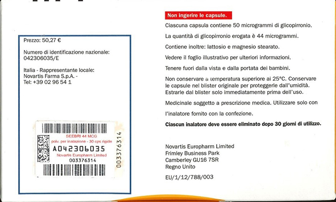 Seebri Breezhaler® 44 Mikrogramm (Chargen BCE98, BCJ73): Fälschungen des Bollino Aufklebers in italienischer Aufmachung von deutschem Parallelvertreiber entdeckt (Bild hat eine Langbeschreibung)