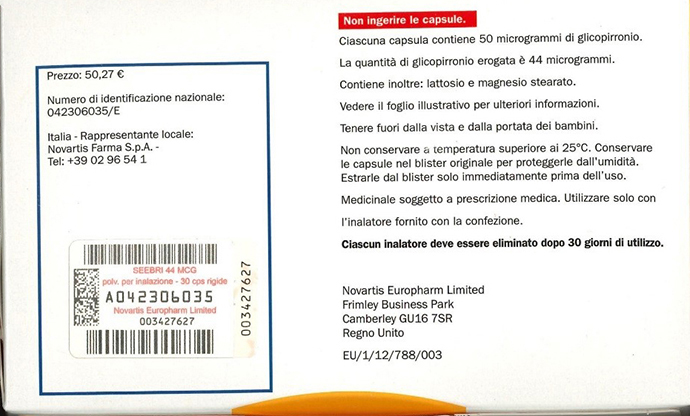 Seebri Breezhaler® 44 Mikrogramm (Chargen BCE98, BCJ73) (Quelle: BfArM) Seebri Breezhaler® 44 Mikrogramm (Chargen BCE98, BCJ73) (Bild hat eine Langbeschreibung)