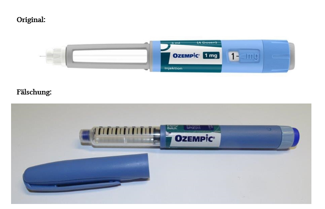 Abbildungen von Original und Fälschung des Arzneimittels Ozempic® (Copyright Original Novo Nordisk; Copyright Fälschung CVUA Karlsruhe) Abbildungen von Original und Fälschung des Arzneimittels Ozempic® (Copyright Original Novo Nordisk; Copyright Fälschung CVUA Karlsruhe)