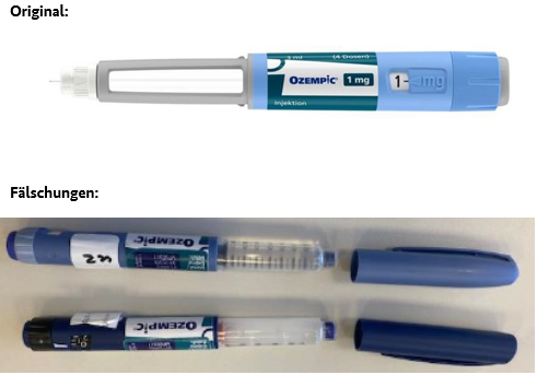 Abbildungen von Original und Fälschungen des Arzneimittels Ozempic® (Copyright Novo Nordisk) Abbildungen von Original und Fälschungen des Arzneimittels Ozempic® (Copyright Novo Nordisk)