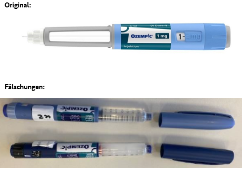 Abbildungen von Original und Fälschungen des Arzneimittels Ozempic® (Copyright Novo Nordisk)