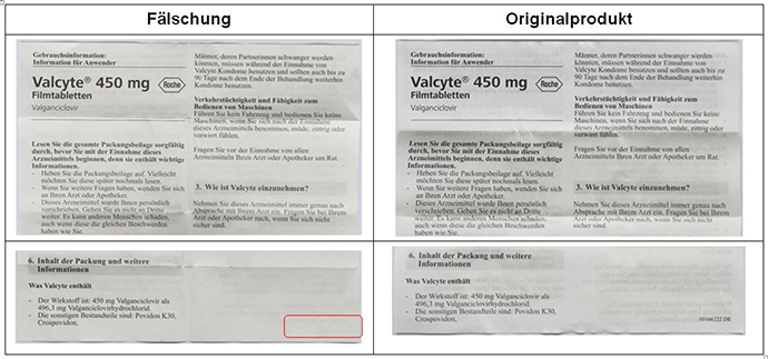 Beipackzettel Original und Fälschung (Quelle: BfArM) Beipackzettel Original und Fälschung