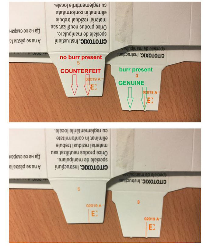 Abbildung der Faltschachteln; links die Fälschung, rechts das Original. Original enthält Fräsen und andere Beschriftung