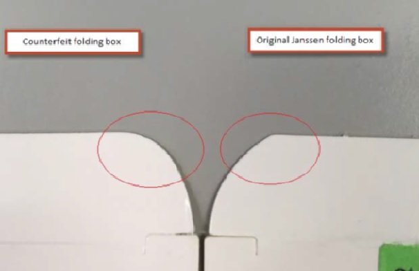 Abbildung der Faltschachteln; links die Fälschung, rechts das Original. Original ist anders gerundet