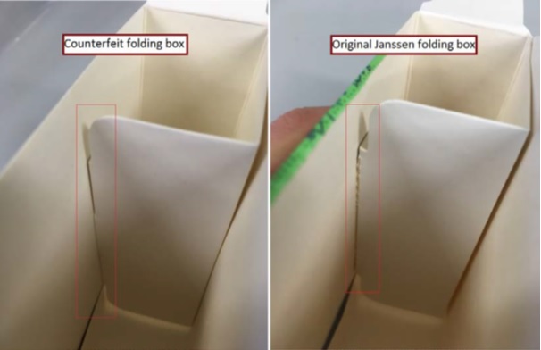 Abbildung der Faltschachteln; links die Fälschung (Rundung), rechts das Original (gezackt)