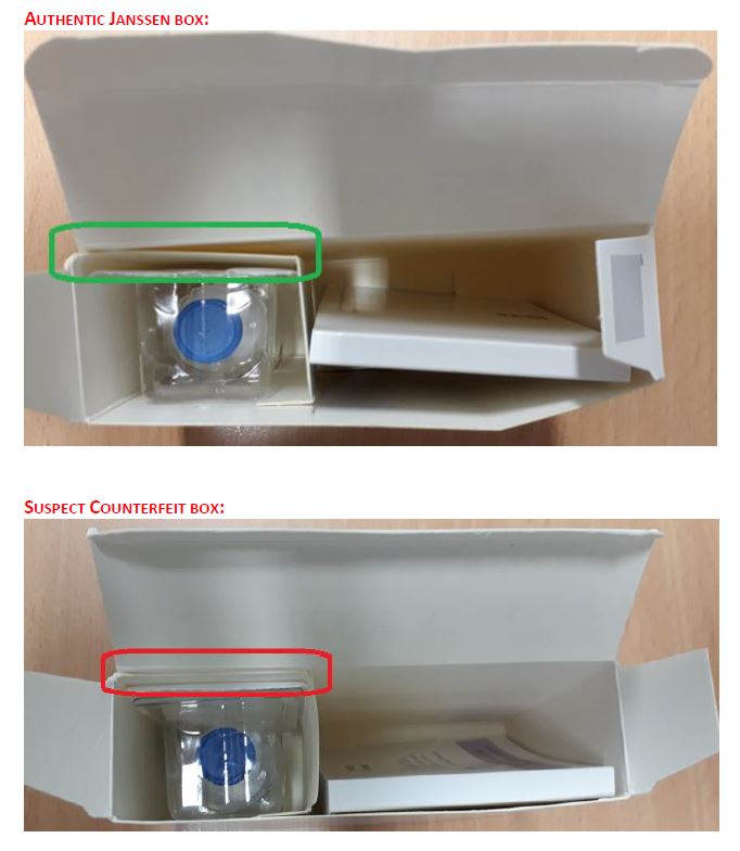 Figure of the authentic and suspect box: authentic box is shaped differently (Source: BfArM) Figure of the authentic and suspect box: authentic box is shaped differently