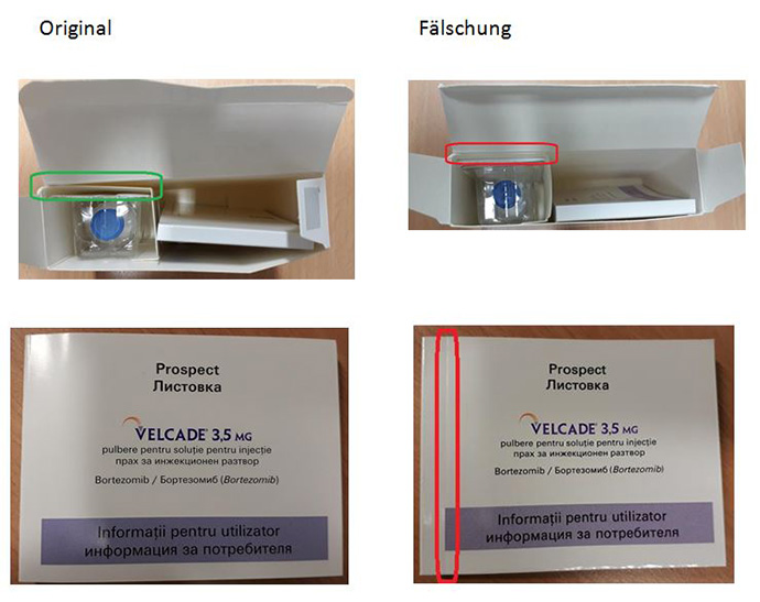 Abbildungen zur Unterscheidung von Original und Fälschung: Verpackung ist unterschiedlich beschaffen; Original hat Sicherheitsmerkmale