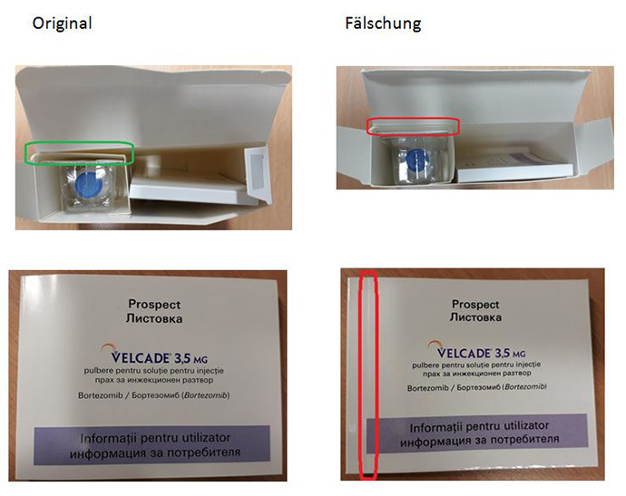 Abbildungen zur Unterscheidung von Original und Fälschung: Verpackung ist unterschiedlich beschaffen; Original hat Sicherheitsmerkmale (Quelle: BfArM) Abbildungen zur Unterscheidung von Original und Fälschung: Verpackung ist unterschiedlich beschaffen; Original hat Sicherheitsmerkmale