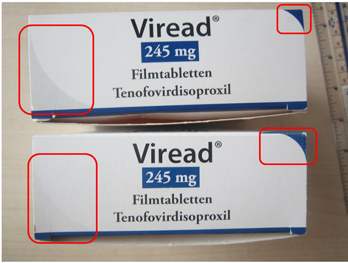 Abbildung Faltschachtel Original und Fälschung (Quelle: BfArM) Abbildung Faltschachtel Original und Fälschung
