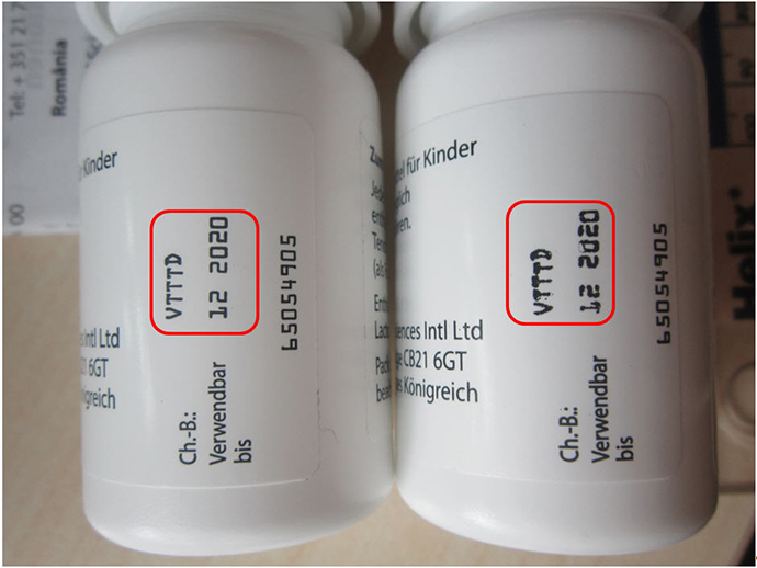 Abbildung Flaschenaufdruck Original und Fälschung (Quelle: BfArM) Abbildung Flaschenaufdruck Original und Fälschung