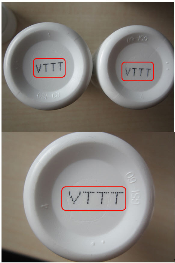 Abbildung Flaschenboden Original und Fälschung (Quelle: BfArM) Abbildung Flaschenboden Original und Fälschung