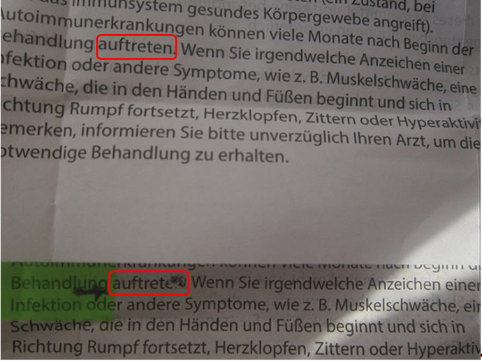 Abbildung Gebrauchsinformation Original und Fälschung (Quelle: BfArM) Abbildung Gebrauchsinformation Original und Fälschung