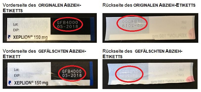 Original und Fälschung des Abziehetiketts (Quelle: BfArM) Original und Fälschung des Abziehetiketts
